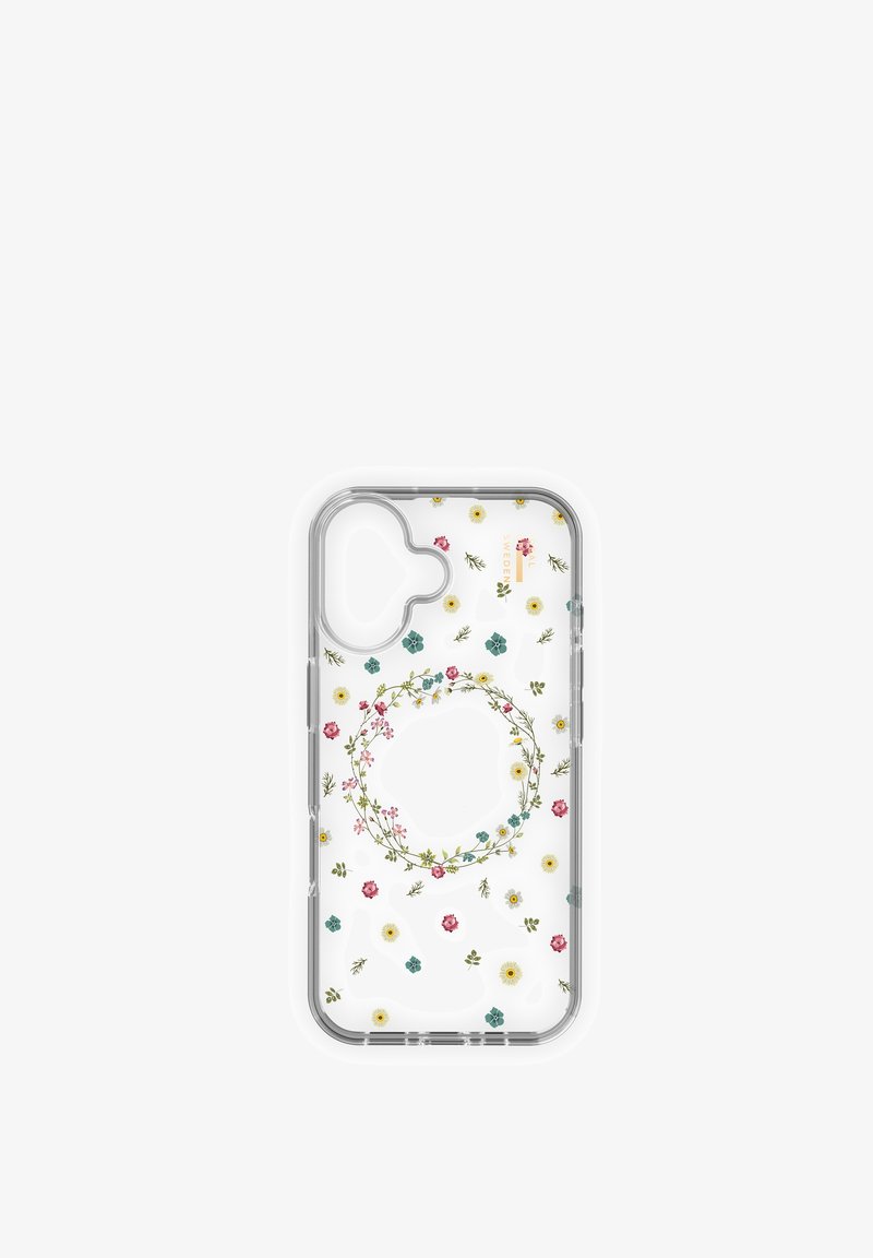 Gennemsigtigt telefoncover med et blomstermønster af små gule, pink og blå blomster samt grønne blade, med et cirkulært kransdesign i midten.