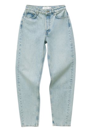Lyseblå højhalset jeans med lige ben, forsideknapp og lynlås, fem lommer og falmet vaskedetalje.