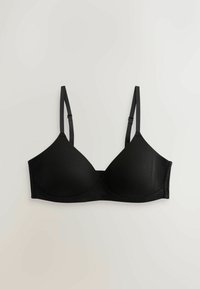 Soutien-gorge rembourré noir avec bretelles fines réglables, armatures et finition lisse, présenté à plat sur un fond blanc.