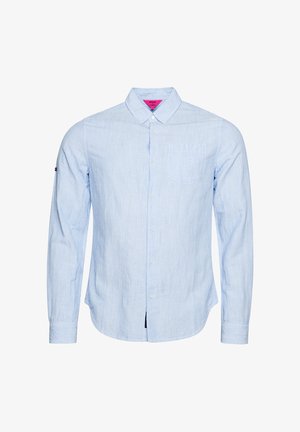 Lichtblauw gestreept overhemd met lange mouwen, met button-down kraag, voorkeurszakje en contrasterend roze label aan de binnenkant van de nek. Katoenmix stof.