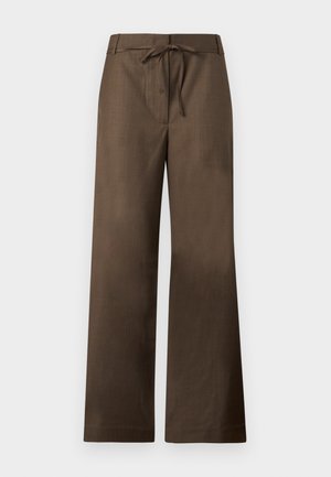 Braune, weit geschnittene Hosen mit strukturierter Oberfläche, ausgestattet mit einem Kordelzugbund und einem glatten Saum. Geeignet für verschiedene Anlässe.