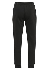 Schwarze Sweatpants mit einem elastischen Bund, schmal zulaufenden Beinen und gerippten Bündchen. Hergestellt aus weichem Stoff mit glatter Textur.