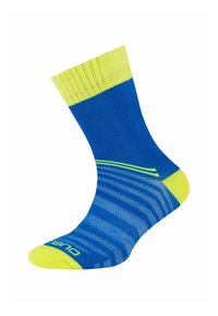 Blauer Socke mit gelbem Bund, die ein diagonales Streifenmuster aufweist, das zwischen Blau und Hellblau wechselt. Strukturierter Stoff mit lebendigen Farben.