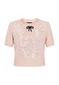 Kurzarmpullover in Rosa mit Rundhalsausschnitt, Paillettenverzierungen und einem schwarzen Schleifenakzent mit einer Perlendetail am Ausschnitt.