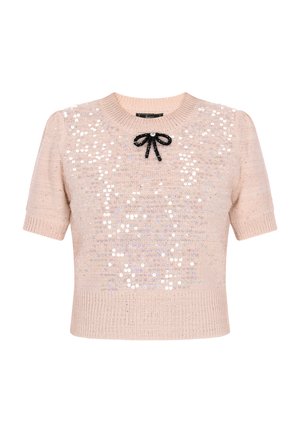 Short-sleeve pink sweater featuring a round neck, sequin embellishment, and a black bow accent with a pearl detail at the neckline.