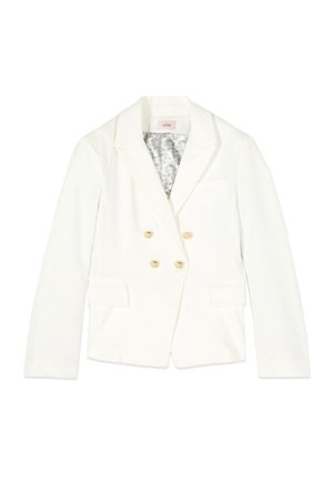 Bílý dvouřadý blejzr se zlatými knoflíky, výstřihem s klopami, kapsami s patkami a vnitřní podšívkou s paisley vzorem.