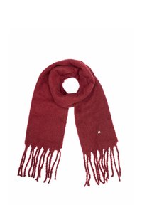 Szalik z wełny koloru bordo o miękkiej fakturze, z pętlanym wzorem i frędzlami na końcach, z małym złotym akcentem po jednej stronie.