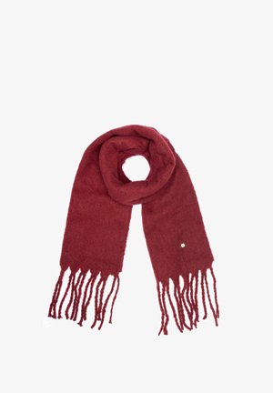 Szalik z wełny koloru bordo o miękkiej fakturze, z pętlanym wzorem i frędzlami na końcach, z małym złotym akcentem po jednej stronie.