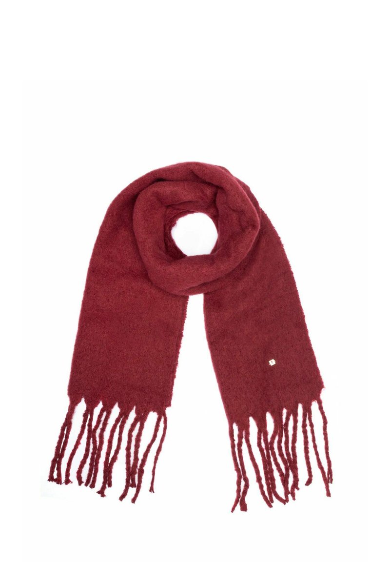 Szalik z wełny koloru bordo o miękkiej fakturze, z pętlanym wzorem i frędzlami na końcach, z małym złotym akcentem po jednej stronie.