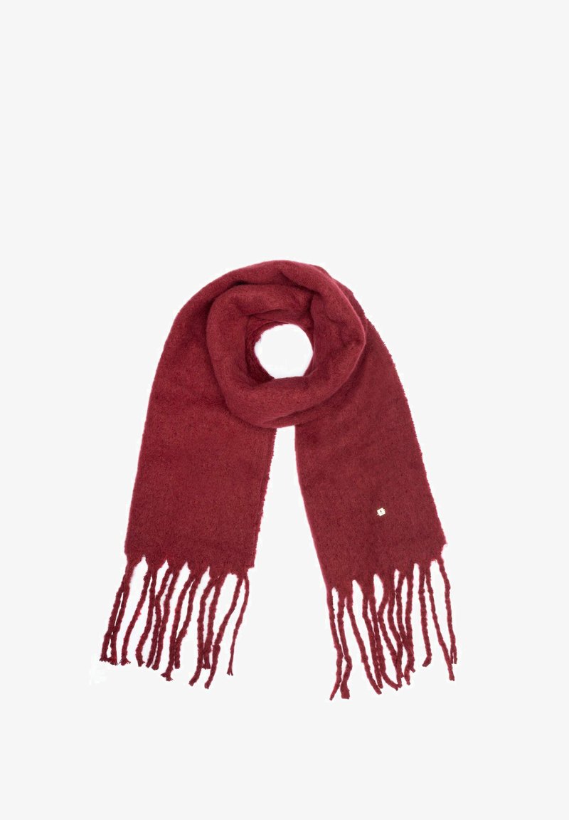 Szalik z wełny koloru bordo o miękkiej fakturze, z pętlanym wzorem i frędzlami na końcach, z małym złotym akcentem po jednej stronie.