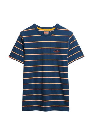 Marineblå T-shirt med vandrette orange striber, fremstillet af bomuldsstof, rund hals og lille broderet logo på venstre bryst.