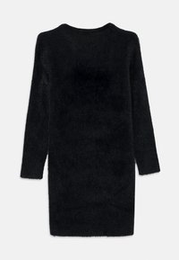 Μαύρο φ fuzzy μακρυμάνικο φόρεμα-πουλόβερ με στρογγυλή λαιμόκοψη, ίσια τελειώματα και μαλακό, υφή ύφασμα.