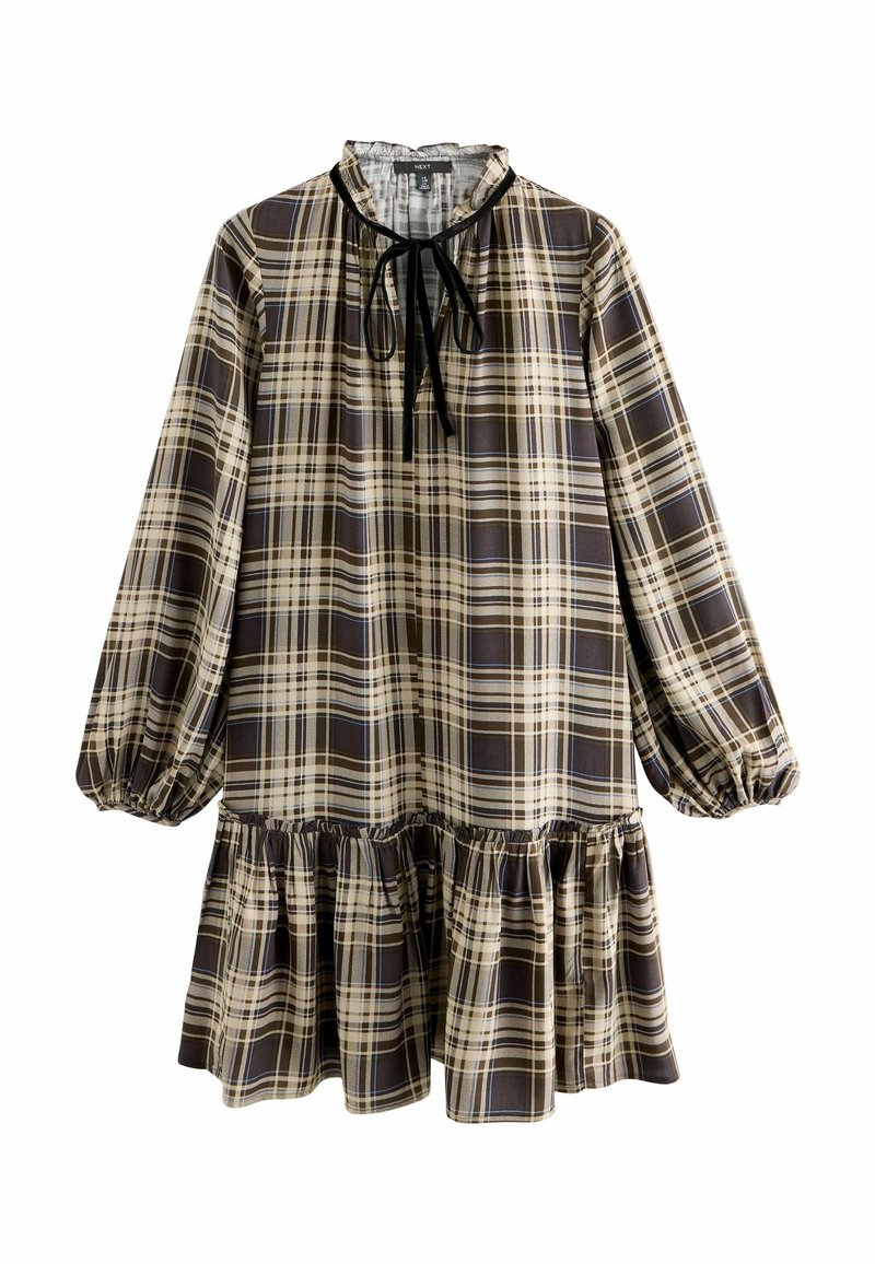 Robe à manches longues à carreaux avec ourlet à volants et lien noir au col plissé dans des tons de brun, beige et crème.