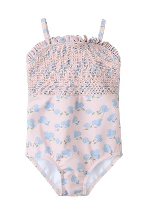 Maillot de bain rose pour tout-petit avec imprimé floral bleu, corsage smocké, bordure à volants et fines bretelles.