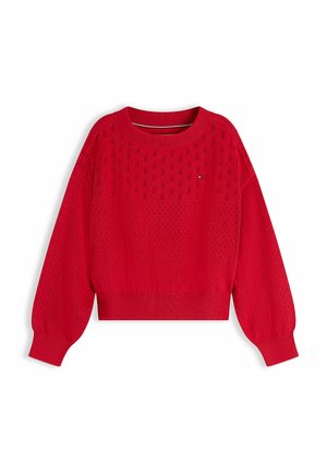Maglione rosso lavorato a maglia con maniche lunghe, collo rotondo e motivo traforato sottile su tutta la superficie, con piccolo logo sul petto superiore.