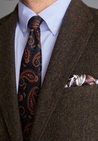 Giacca in tweed marrone con una camicia dress azzurra chiara, decorata con una cravatta paisley scura nera e ambra, e un fazzoletto da taschino a fantasia in varie tonalità di marrone.