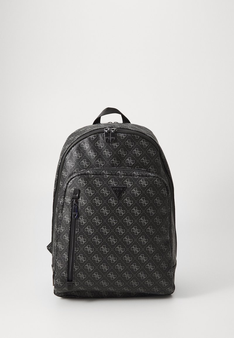 Black backpack with a glossy finish, featuring a monogram pattern, multiple zip compartments, and a top handle for carrying.