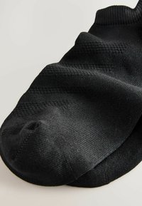 Schwarze Knöchelsocke aus weichem, dehnbarem Material, mit einem gerippten Saum und glatter Textur sowie dezenten Musterdetails an der Oberfläche.