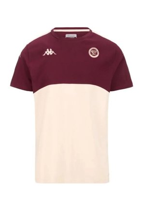 Camiseta de estilo rugby de manga corta con mitad superior granate, mitad inferior crema, logo de Kappa en el pecho derecho y emblema del equipo deportivo en el pecho izquierdo.