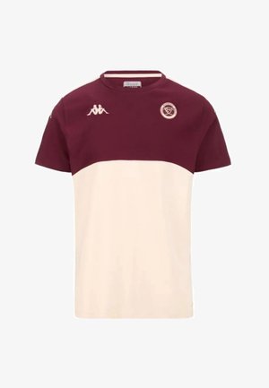 Rugbyshirt met korte mouwen, bordeauxrode bovenhelft, crème onderhelft, Kappa-logo op de rechterborst en sportteamembleem op de linkerborst.