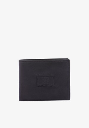 Black leather wallet with a textured finish, bi-fold design, embossed logo on the front, and visible stitching accents.