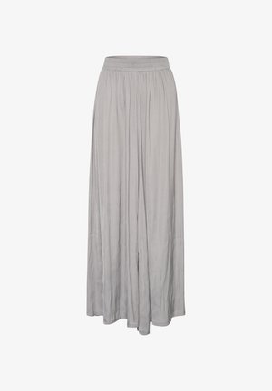 Light gray maxi skirt made of soft, flowing fabric with an elastic waistband and pleated design, offering a relaxed and loose fit.