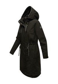 Parka longue noire avec capuche, fermeture éclair à l'avant, cordons à la taille et aux poches, et patch logo sur la manche supérieure.