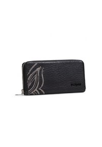 Schwarzes Leder-Portemonnaie mit strukturiertem Finish, weißer Naht und dekorativem Blattdesign. Reißverschluss oben.