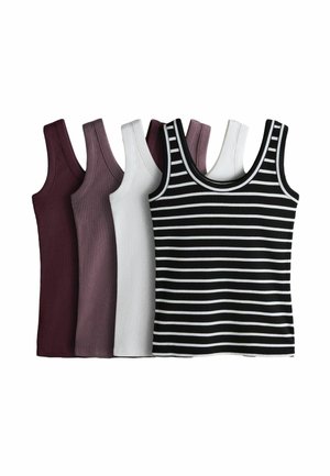 Five sleeveless ribbed tank tops in solid burgundy, mauve, white, and one black with white horizontal stripes, arranged overlapping on white background.