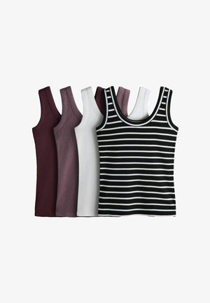 Five sleeveless ribbed tank tops in solid burgundy, mauve, white, and one black with white horizontal stripes, arranged overlapping on white background.