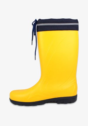 Gelbe Gummistiefel mit einem marineblauen Stoffbund, Kordelzug und grauen Akzenten. Verfügt über eine strukturierte, rutschfeste Sohle für Stabilität.