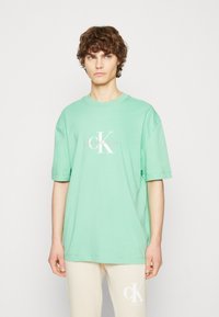 Camiseta de algodón verde menta con mangas cortas, que presenta un logo blanco de "CK" y el texto "Calvin Klein Jeans" en el centro frontal.
