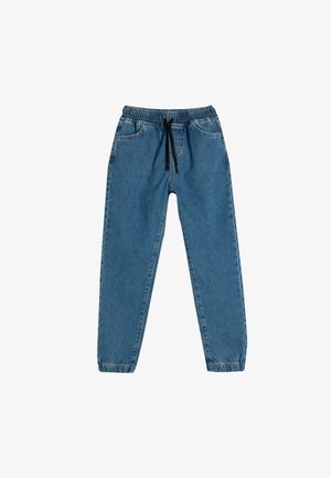 Light blue denim jogger pants featuring an elastic waistband, drawstring, and elastic cuffs, with two side pockets and a soft texture.