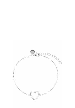 Silver chain bracelet with an open heart-shaped charm adorned with small, clear crystals and an adjustable clasp.