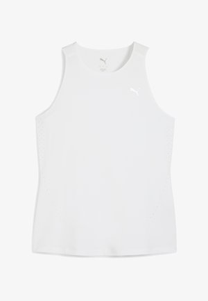 Débardeur de sport blanc avec col rond, sans manches, et détails perforés sur les côtés. Présente un logo réfléchissant.