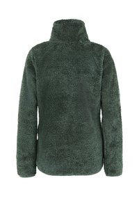 Pullover in pile verde con colletto alto, maniche lunghe e superficie morbida e strutturata. Taglio dritto e senza chiusure visibili.
