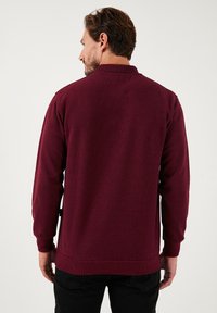 Bordeauxfarbener Pullover mit langen Ärmeln, gerippten Bündchen und Saum, lässiges Design. Weiche Textur, minimales Design auf der Rückseite.