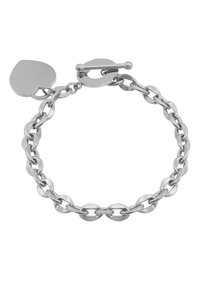 Bracciale in argento con anelli ovali, dotato di un'etichetta a forma di cuore e chiusura a toggles. Superficie metallica liscia con finish lucido.