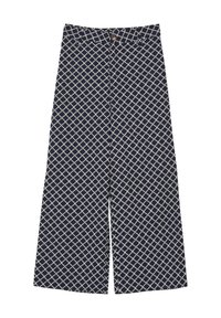 Pantalons larges en bleu marine avec un motif géométrique blanc, dotés d'une fermeture à bouton et d'un tissu texturé pour une sensation de respirabilité.