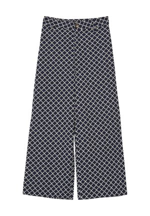 Pantaloni a gamba larga di colore blu navy con un motivo geometrico bianco, dotati di chiusura con bottone e un tessuto texturizzato per una sensazione traspirante.