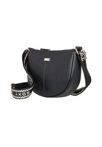 Czarna, teksturowana, skórzana torba na ramię z szerokim, regulowanym paskiem, na którym znajduje się biały napis "ROXY" oraz dekoracyjny wzór, z elementami w kolorze złotym.