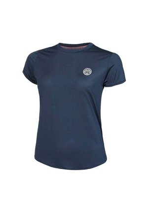 Marineblauw sportshirt met korte mouwen, ronde hals en klein wit rond logo op de linkerborst.