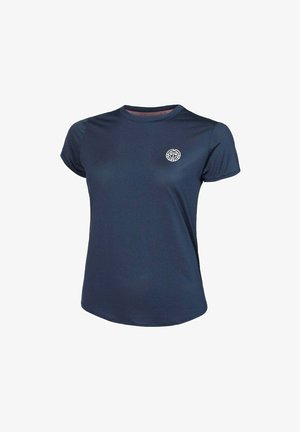 Marineblauw sportshirt met korte mouwen, ronde hals en klein wit rond logo op de linkerborst.