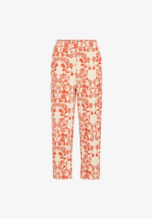 Blumenmuster-Hosen mit einem cremefarbenen Hintergrund und lebendigen roten Mustern, aus leichtem Material mit einem elastischen Bund.