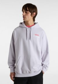 Light purple hoodie made of soft fabric, featuring a front pocket and red "VANS OFF THE WALL" logo on the left chest.
