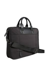 Sort laptop taske med et struktureret læderhåndtag, aftagelig skulderrem, lynlåslukning og en glat stofkrop med sømme.