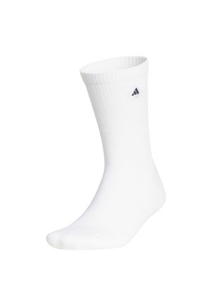 Hvid crew-length sok med ribbet øverste kant og Adidas logo patch nær toppen på en ensfarvet hvid baggrund.