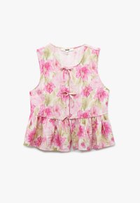 Blomstret peplum top i lys pink med grønne detaljer. Har en rund halsudskæring, ærmeløs design og bindebånd foran.