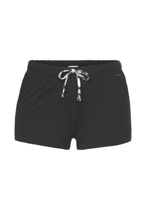 Zwarte casual shorts met elastische tailleband en zwart-wit patroon trekkoord aan de voorkant.