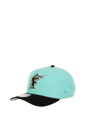 Turquoise cap with a black visor, featuring a gold and green marlin logo and the letter 'F' embroidered on the front.